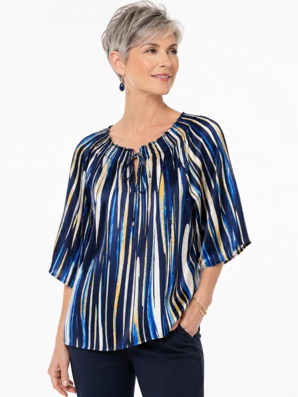 Cache Blue Yellow Abstract Print Silk Tunic Top